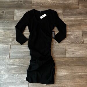 NWT NY and Company Black Ruched V Neck Long Sleeve Bodycon Dress Size Small‎